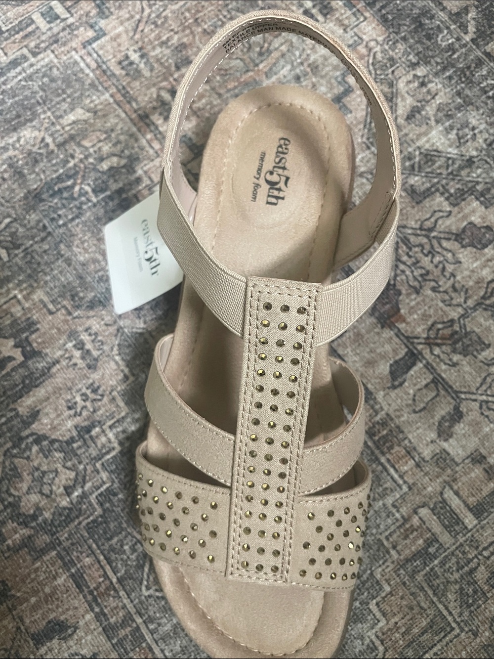 Beige Studded T-Strap Slingback Sandal